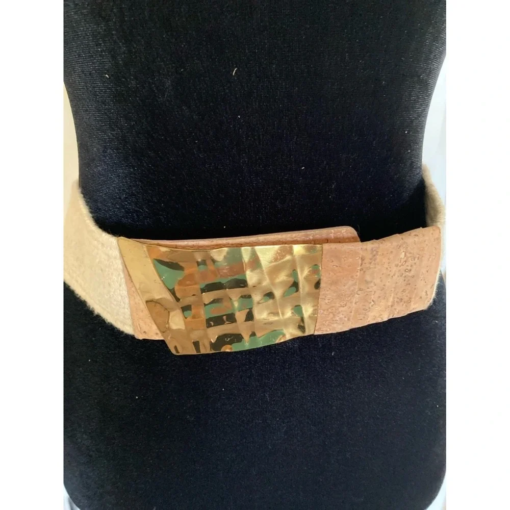 Vtg Leather Shop Neutral Belt Cork Texture Stretch Gold-Tone Buckle Retro S SM‎
